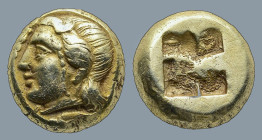 IONIA, Phokaia. (Circa 478-387 BC)
EL Hekte (9,7mm 2,53g)
Obv: Head of Io left, hair bound with taenia, horn above temple; small seal left below
Re...