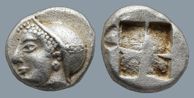 IONIA. Phokaia. (Circa 521-478 BC).
AR Diobol (9,4mm 1,3g)
Obv: Archaic female head left, wearing earring and helmet or close fitting cap.
Rev: Qua...