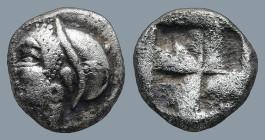 IONIA. Phokaia. (Circa 521-478 BC).
AR Diobol (9,7mm 1,24g)
Obv: Archaic female head left, wearing earring and helmet or close fitting cap.
Rev: Qu...