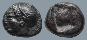 IONIA. Phokaia. (Circa 521-478 BC).
AR Diobol (9,5mm 1,21g)
Obv: Archaic female head left, wearing earring and helmet or close fitting cap.
Rev: Qu...