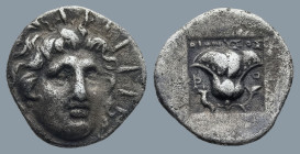 ISLANDS OFF CARIA. Rhodos. Rhodes. (Circa 170-150 BC). Dionysos, magistrate
AR Hemidrachm (12,6mm 1,1g)
Obv: Radiate head of Helios facing, head tur...