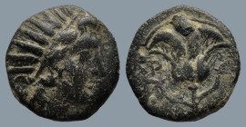 ISLANDS off CARICA. Rhodos. Rhodes. (Circa 166-88 BC).
AE chalkon (12,1mm 1.5g)
Obv: Radiate head of Helios right
Rev: P-O, rose with bud to right....