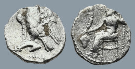 CILICIA. Tarsos. (4th century BC)
AR Obol (11,2mm 0,8g)
Obv: Zeus-Baal seated to left, holding corn stalk and scepter; grape bunch below.
Rev: Eagl...