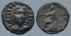 LYCIA. Telmessos.(Late 3rd century-190/89 BC)
AE Bronze (15mm 3,3g)
Obv : Radiate and draped bust of Helios facing.
Rev : TEΛMH/ΣEΩN. Apollo seated...