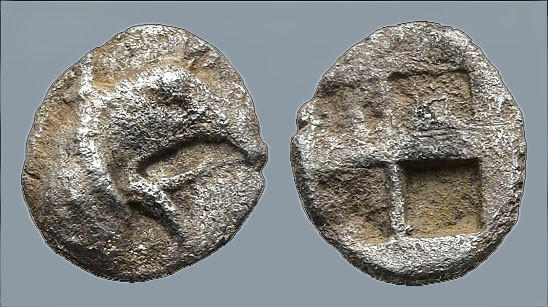 IONIA. Teos. (Circa 475-450 BC).
AR Tetartemorion (5,7mm 0,15g)
Obv: Head of g...
