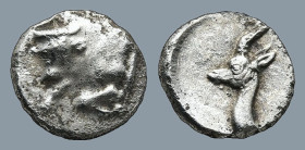 CARIA. Uncertain. (5th century BC)
AR Hemiobol (7,5mm 0.36g)
Obv: Forepart of a bull to left.
Rev: Head of a gazelle to left.
CNG E-287, lot 203 =...
