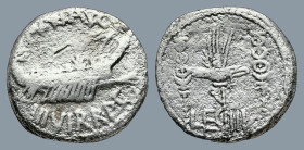 Mark Antony (44-30 BC). Military mint moving with Mark Antony (Patrae?)
AR Denarius (16,2mm 3,2g)
Obv: Galley right, with scepter tied with fillet o...