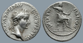 Tiberius (AD 14-37). Lugdunum
AR Denarius (19mm 3,6g)
Obv: TI CAESAR DIVI-AVG F AVGVSTVS. Laureate head of Tiberius right.
Rev: PONTIF-MAXIM. Livia...