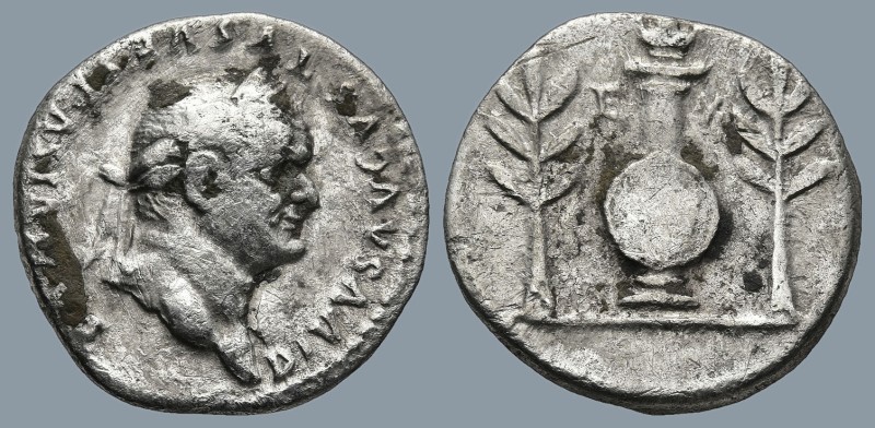 Divus Vespasian, (died 79 AD). Rome, struck under Titus, 80-81.
AR Denarius (17...