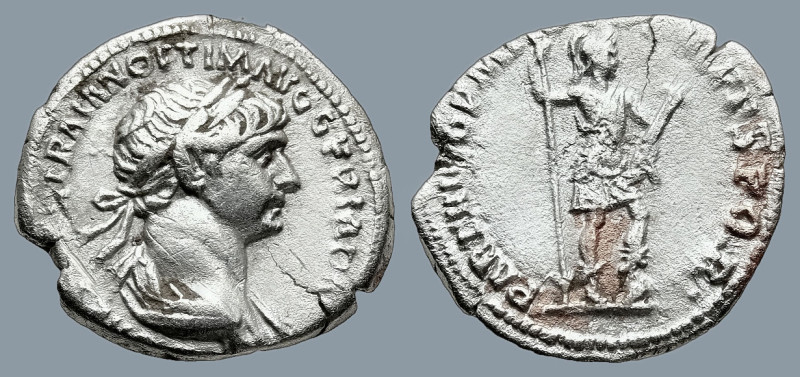 Trajan (AD 98-117). Rome
AR Fourrèe Denarius (18,6mm 3,1g)
Obv: IMP CAES NER T...