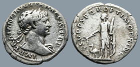 Trajan (AD 98-117). Rome
AR Denarius (19,4mm 2,7g)
Obv: IMP TRAIANO AVG GER DAC P M TR P. Laureate bust right, with slight drapery.
Rev: COS V P P ...