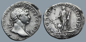Trajan (AD 98-117). Rome
AR Denarius (17mm 2.89g)
Obv: IMP TRAIANO AVG GER DAC P M TR P COS VI P P, laureate bust to right, slight drapery on far sh...