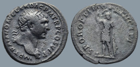 Trajan (AD 98-117). Rome
AR Denarius (19,6mm 2.8g)
Obv: IMP TRAIANO AVG GER DAC P M TR P COS V P P Laureate head of Trajan to right, wearing aegis o...