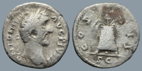 Antoninus Pius (AD 138-161)Rome
AR Denarius (17,7mm 2,8g)
Obv: ANTONINVS AVG PIVS PP, bare head right
Rev: TR POT COS II, SC; modius with two grain...