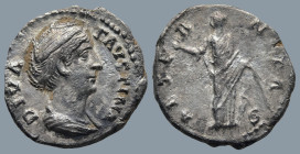 Diva Faustina I (wife of A. Pius) (After 141 AD). Rome
AR Denarius (17mm 3,13g)
Obv: DIVA FAVSTINA, draped bust to right
Rev: AETERNITAS, Juno(?) s...
