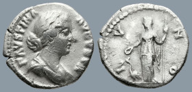 Faustina II (AD 147-175). Rome
AR Denarius (18,7mm 2,8g)
Obv: FAVSTINA AVGVSTA, draped bust right, wearing single circlet of pearls
Rev: IVNO, Juno...
