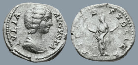 Julia Domna (AD 193-217). Rome
AR Denarius (18,5mm 2,9g)
Obv: IVLIA AVGVSTA. Draped bust of Julia Domna right, seen from front, hair braided in ridg...