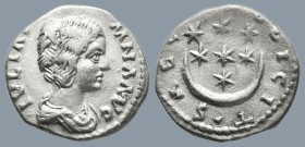 Julia Domna, Augusta (AD 193-217). Emesa (?), 193-196
AR Denarius (17mm 2,9g)
Obv: IVLIA DOMNA AVG. Draped bust of Julia Domna to right.
Rev: SAECV...