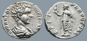 Caracalla, as Caesar (AD 196-198). Rome
AR Denarius (18,3mm 3,2g)
Obv: M AVR ANTONINVS CAES. Bare-headed, draped and cuirassed bust of Caracalla to ...