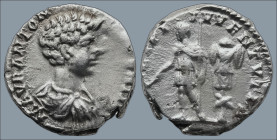 Caracalla, as Caesar (AD 196-198). Laodicea ad Mare
AR Denarius (18,2mm 3,55g)
Obv: M AVR ANTON CAES PONTIF. Bare-headed, draped and cuirassed bust ...