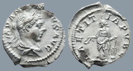 Elagabalus (AD 218-222). Rome
AR Denarius (17,9mm 2,6g)
Obv: IMP ANTONINVS AVG. Bust of Elagabalus, laureate, draped, right.
Rev: LAETITIA PVBL. La...
