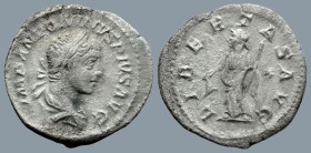 Elagabalus (AD 218-222). Rome
AR Denarius (20,2mm 2,6g)
Obv: IMP ANTONINVS PIVS AVG. Laureate and draped bust right.
Rev: LIBERTAS AVG. Libertas st...