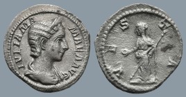 Julia Mamaea, Augusta (AD 222-235). Rome
AR Denarius (19,2mm 2,3g)
Obv: IVLIA MAMAEA AVG. Diademed and draped bust of Julia Domna to right.
Rev: VE...