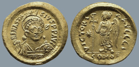 Anastasius I (AD 491-518). Constantinople
AV Solidus (21,3mm 4,46g)
Obv: D N ANASTA-SIVS PP AVG. Pearl-diademed, helmeted, and cuirassed bust of Ana...