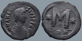 Anastasius I (AD 491-518). Constantinople
AE Follis (33,5mm 17,4g)
Obv: DN ANASTASIVS P P AVG Diademed, draped, and cuirassed bust right
Rev: Large...