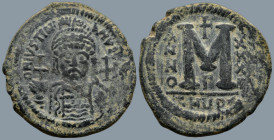 Justinian I (527-565) Theoupolis (Antioch)
AE Follis (34,5mm 18g)
Obv: D N IVSTINIANVS P P AVG. Helmeted and cuirassed bust facing, holding globus c...