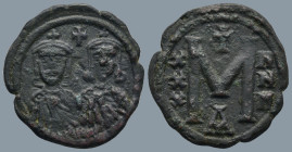 Nicephorus I (AD 802-811). Constantinople.
AE Bronze (23,6mm 5,4g)
Obv: Facing busts of Nicephorus on the left, with short beard, and Stauracius on ...