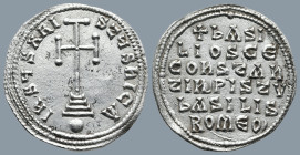 Basil I the Macedonian, with Constantine, (AD 867-886) Constantinopolis
AR Miliaresion (23,2mm, 2,73g)
Obv: IҺSЧS XRISTЧS ҺICA Cross potent set on t...
