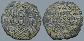 Basil I the Macedonian, Leo VI and Constantine VII (AD 867-886). Constantinople.
AE Follis (28,5mm 7g)
Obv: + LЄOҺ bASIL COҺST AЧGG. Basil I, crowne...