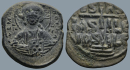 Anonymous attributed to Romanus III (1028-1034 AD). Constantinople.
AE Follis (27,4mm 9,84g)
Obv: + ЄMMANOVHΛ - nimbate bust of Christ facing, squar...