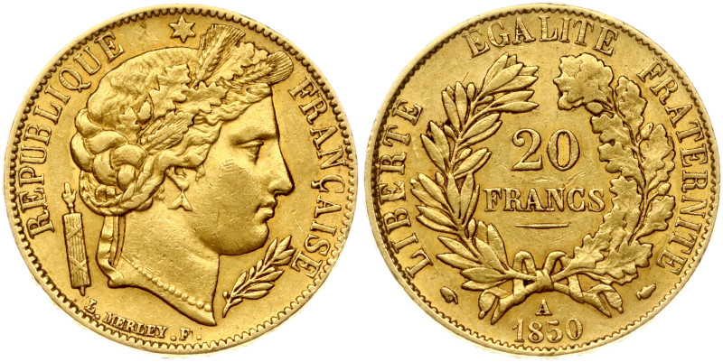 France. 20 Francs 1850 A. Gold 6.42 g. KM 762.