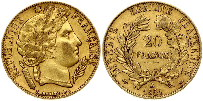 France 20 Francs 1851A Obverse: Liberty head with oak leaf wreath right. Reverse...