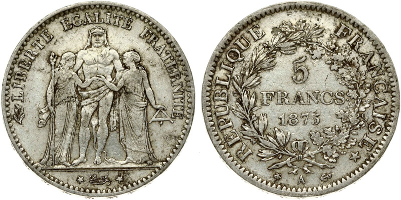 France 5 Francs 1875A Obverse: Hercules group. Reverse: Denomination within wrea...
