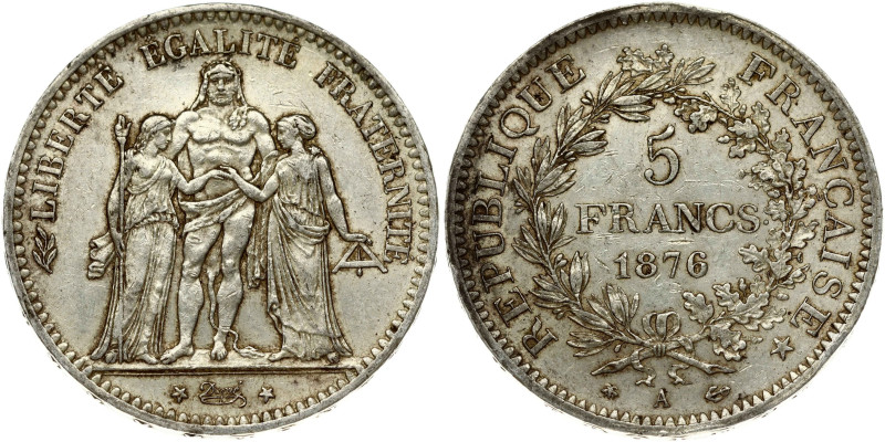France 5 Francs 1876A Obverse: Hercules group. Reverse: Denomination within wrea...