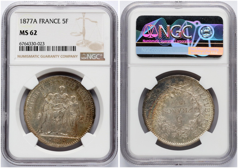 France. 5 Francs 1877 A. Silver. KM 820. NGC MS 62.