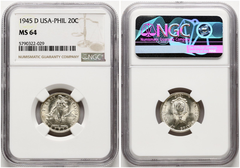 Philippines. 20 Centavos 1945 D. Silver. KM 182. NGC MS 64.