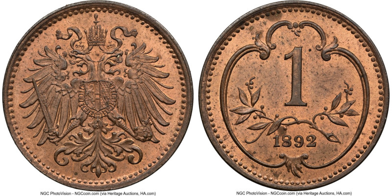 Franz Joseph I Heller 1892 MS64 Red and Brown NGC, Vienna mint, KM2800, Schon-3....