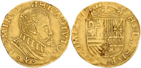 Halve gouden reaal. Vlaanderen. Brugge. Filips II. Zj. VF.

R1. Glue residue. Vanhoudt 263 BG. 3,4 g.