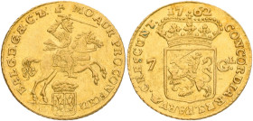 Halve gouden rijder van 7 gulden. Gelderland. 1762. VF +.

Cleaned. CNM 2.17.70. Delm. 654. 5,1 g.