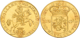 Gouden rijder van 14 gulden. Holland. 1751. XF.

Cleaned. light edge damage. CNM 2.28.47. Delm. 782. 10 g.