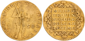 Gouden dukaat. Holland. 1758. F.

CNM 2.28.54. Delm. 775. AU. 3,37 g.