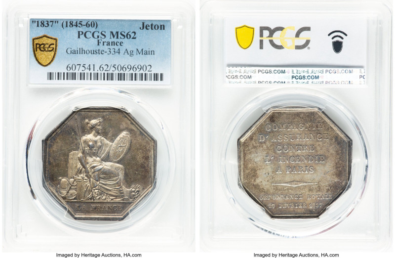 "Fire Insurance Company" silver Jeton 1837-Dated (1845-1860) MS62 PCGS, Gailhous...