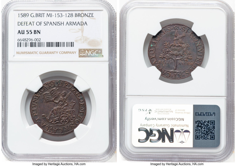 Elizabeth bronze "Defeat of the Spanish Armada" Jeton 1589 AU55 Brown NGC, MI-15...