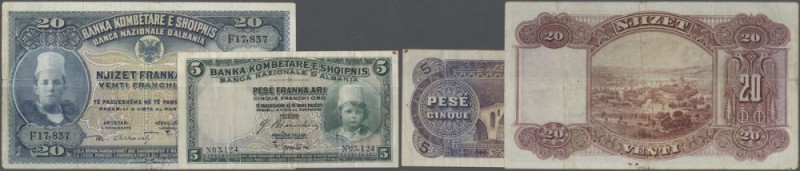 Albania: set of 2 notes containing 5 Franka Ari ND(1926) P. 2b (F+) and 20 Frank...