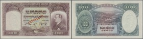 Albania: 100 Franka Ari ND(1926) Specimen P. 4s, seldom see note, 4 bank cancellation holes, perforation ”cancelled”, only a light corner fold at uppe...