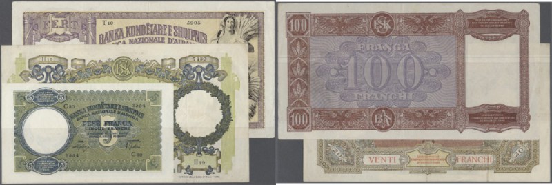 Albania: set of 3 notes containing 5 Franga ND(1939) P. 6a (pressed, F), 20 Fran...